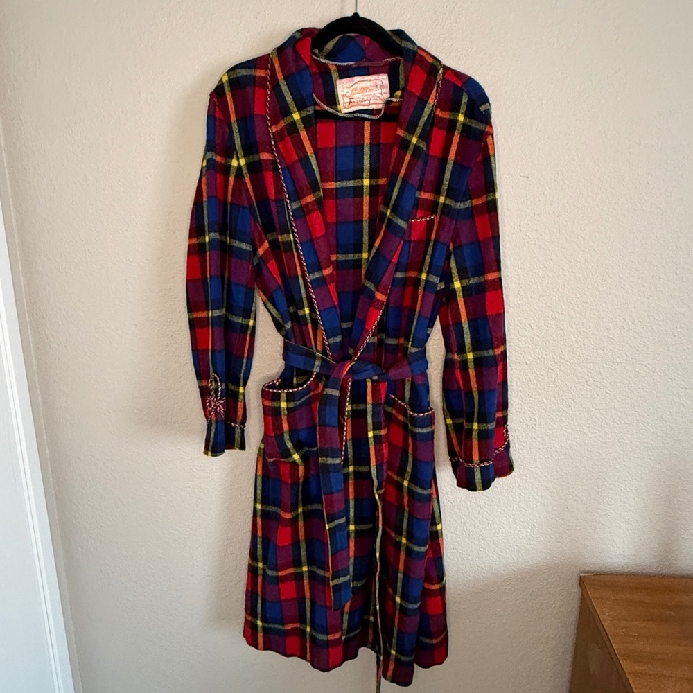 Heritage Vintage Colorful Plaid Tartan Wool Robe Maximalist Preppy Dark Academia